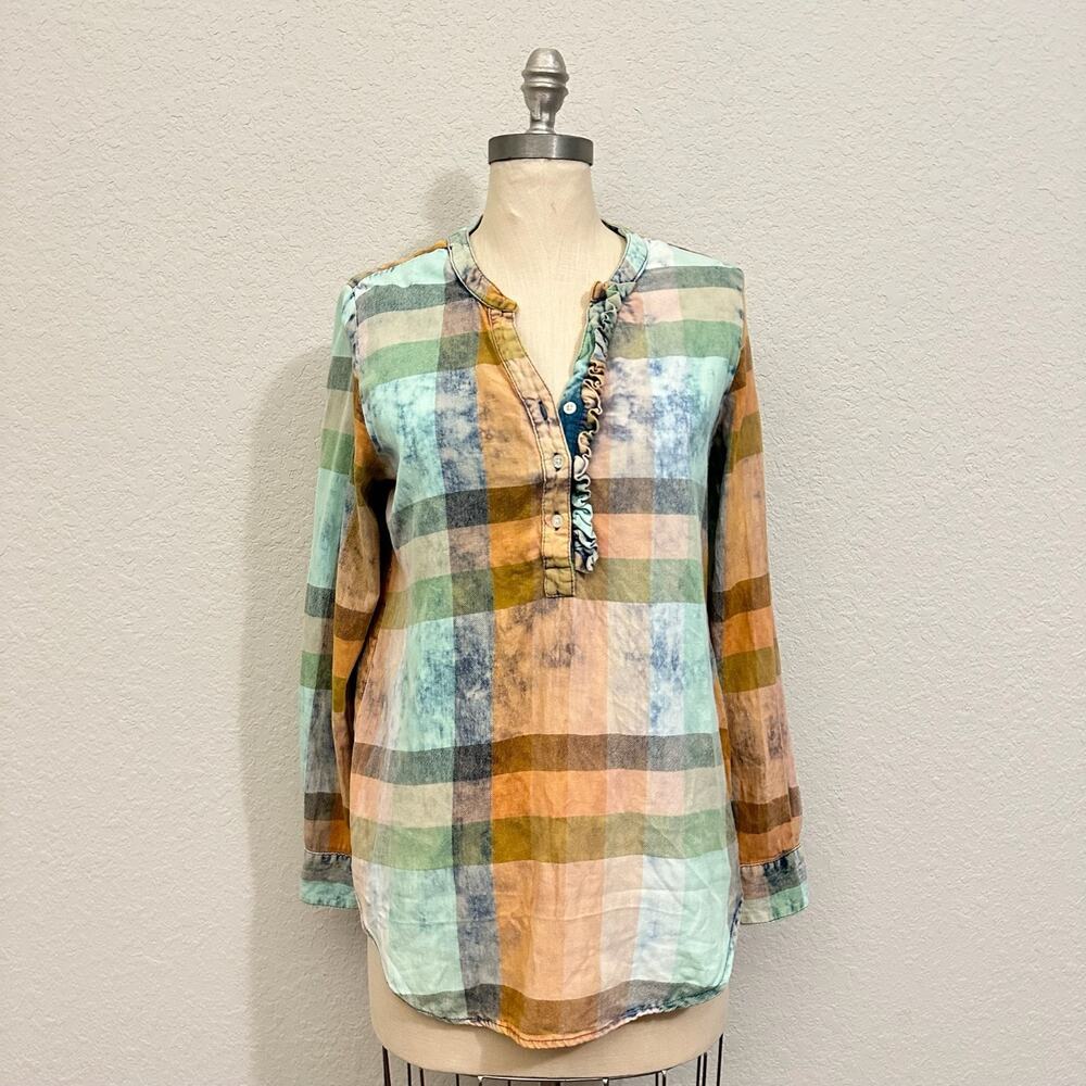 ISABELLA SINCLAIR ANTHROPOLOGIE Tunic Top Acid Plaid Ruffled Henley